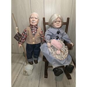Vtg Grandma & Grandpa Porcelain Dolls 16” Fishing Knitting Senior Couple Stand